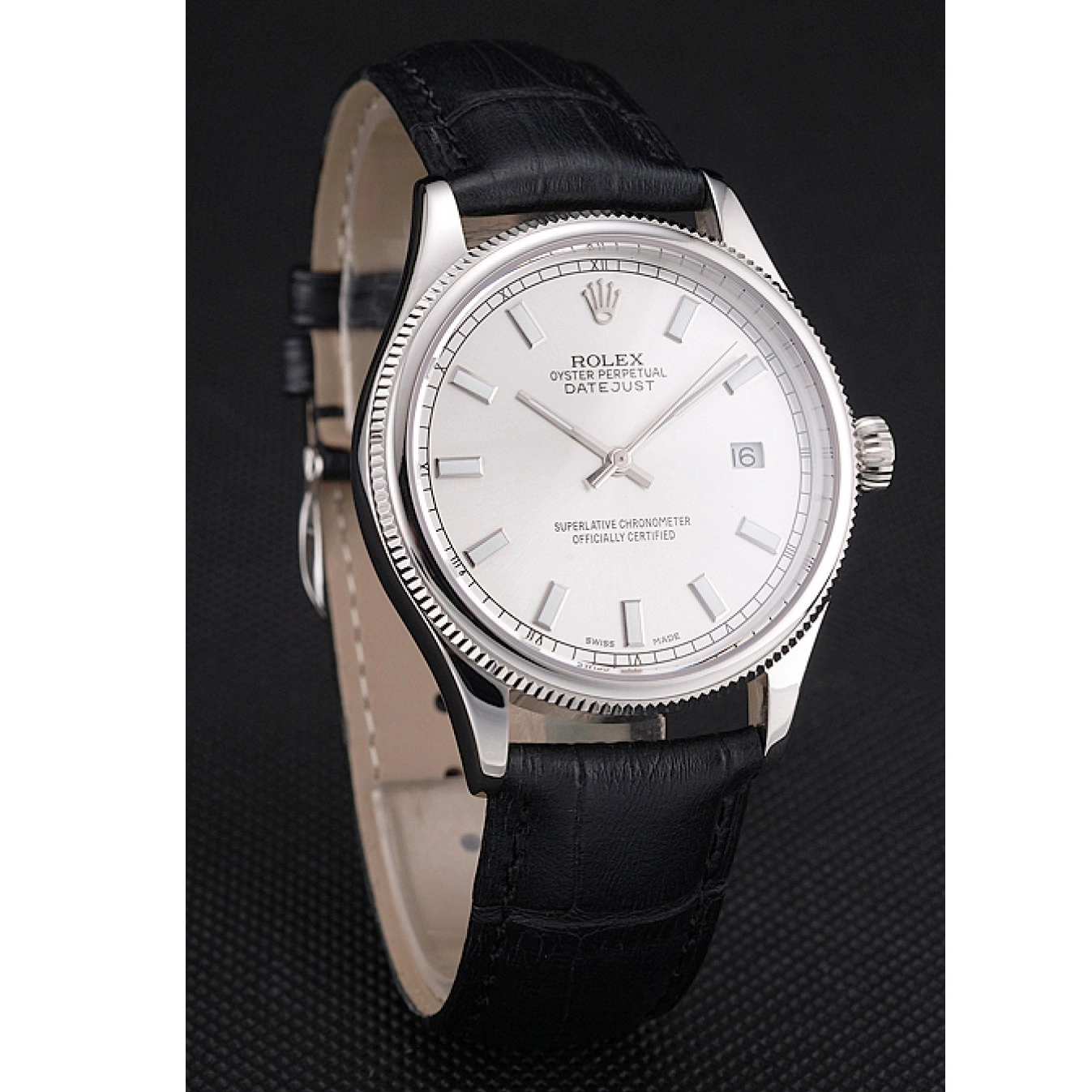 Aaa replica watch Datejust Strap Leather Case Stainless Swiss Rolex Dial Steel Black White 0801
